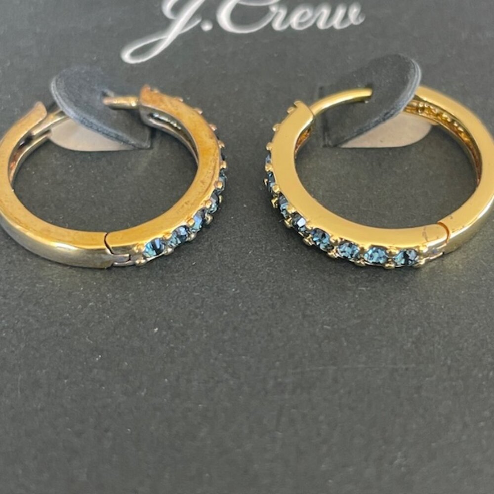 J. CREW SMALL PAVE HUGGIE HOOP EARRINGS #AG798 BLUE/GOLD NWT
